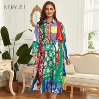 keby zj plus size female paisley print belted shirt dress women spring fall retro button front street a line casual long dresses