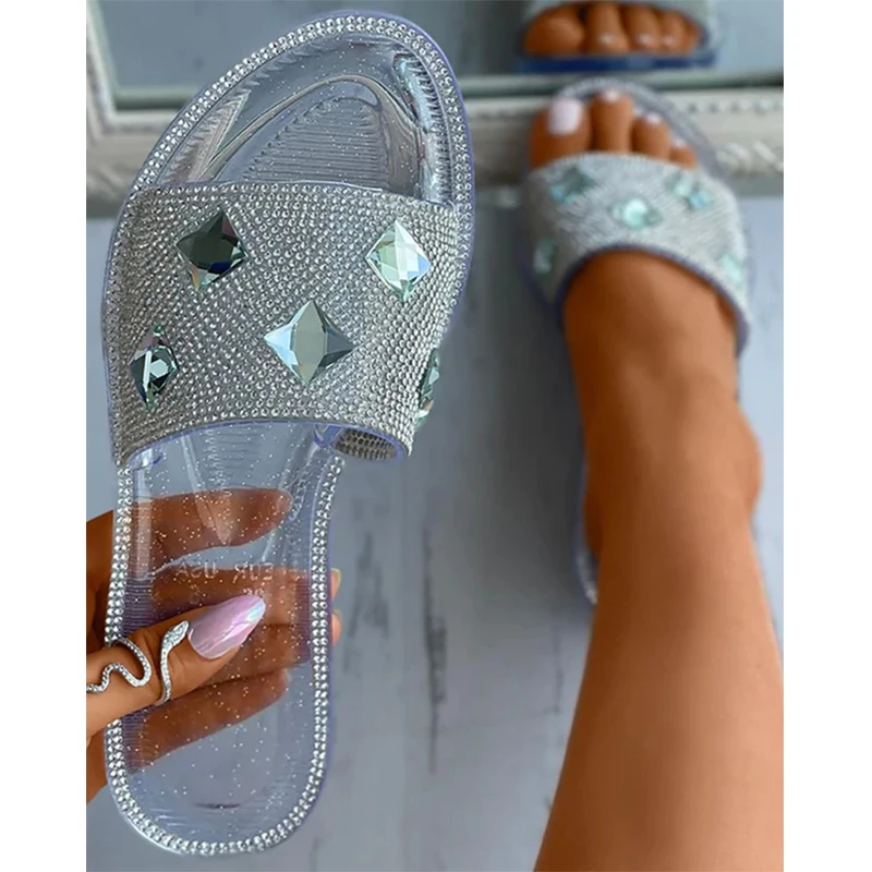 

Women 2022 Summer New Slippers Rhinestone Fashion Casual Home Women's Slippers Personality Transparent Slides Woman Shoes