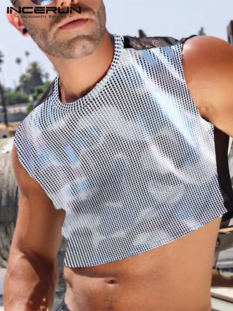 

Майка INCERUN Мужская сетчатая, блестящий кроп-топ без рукавов, с круглым вырезом, в стиле пэчворк, модная жилетка для отпуска, женская мода, 2022