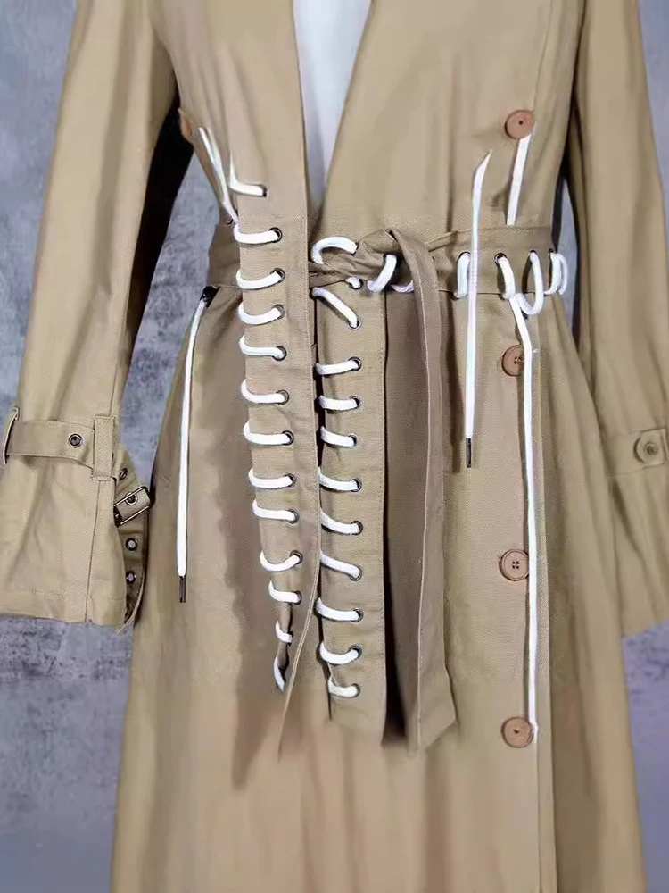 ENA ZMEENNA bandaż w kolorze khaki duży rozmiar długi elegancki trencz damski nowy z klapami długim rękawem wiatrówka Fashion Tide wiosna