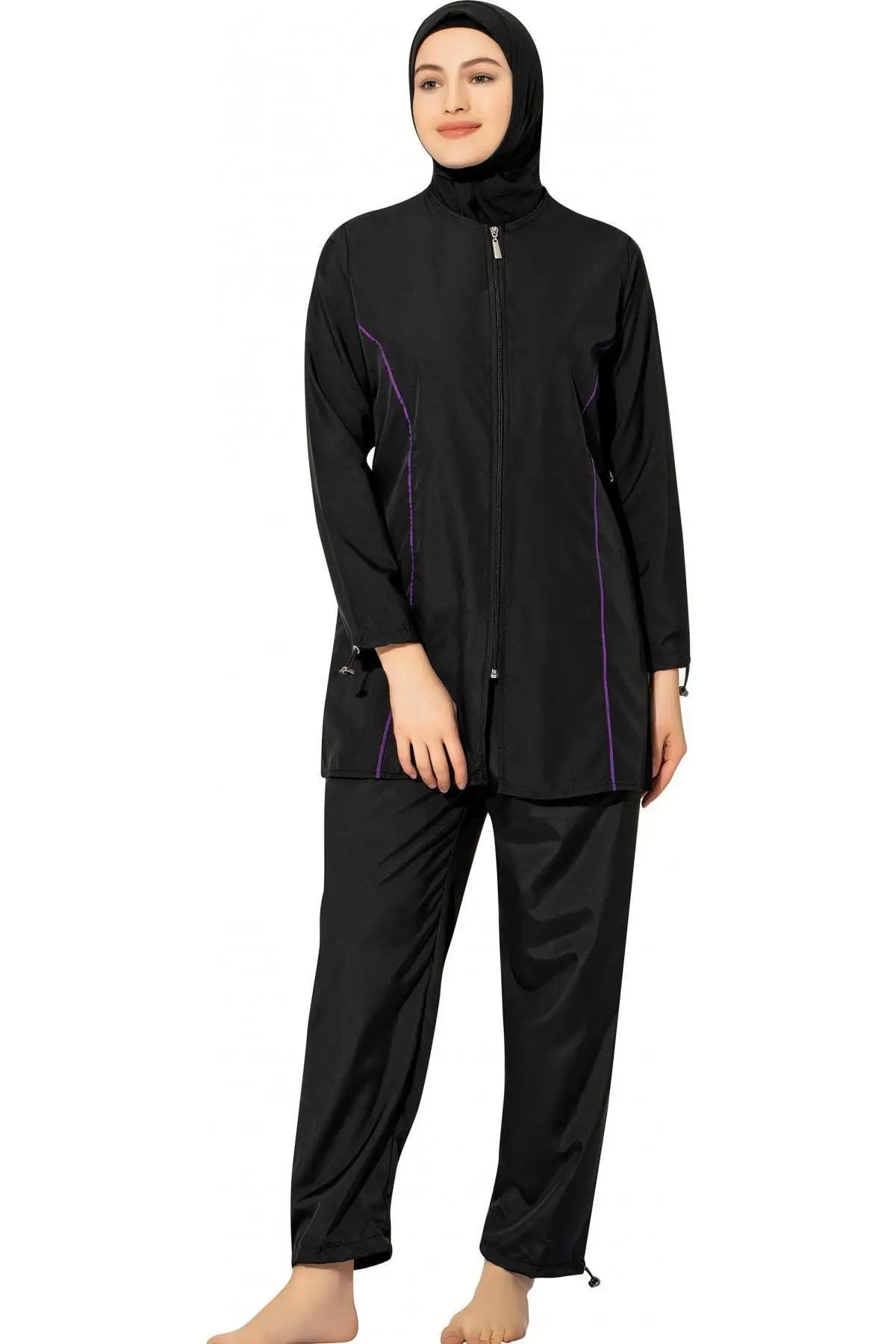 Long Sleeve Solid Plain Full Hijab Swimwear 7102 Black Large Size Beach Clothing