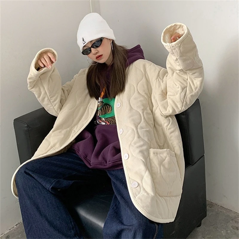 Vintage Women Oversized Cotton Coat Basic Brown Beige Pocket Parkas 2022 Winter Fashion Casual Outerwear Warm Coats Streetwear