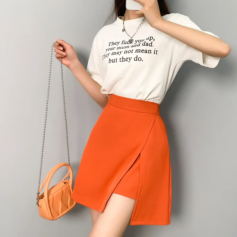 

Sweet Orange High Waist A-Line Skirt Women's Summer Irregular Split Commuter Basic Color Elastic Elastic Waist Suit Short Skirt