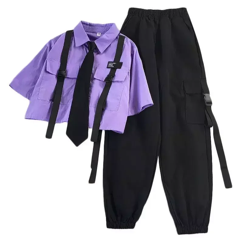 New in Autumn Streetwear Pants High-Waist Straight Ribbon Cargo Pants Student Loose Short-Sleeved Shirt with Tie two-piece Set j