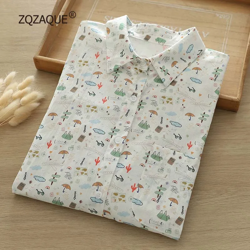 Летние новые хлопковые топы с мультяшным принтом зонтика Удобная рубашка