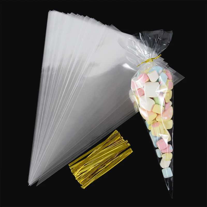 

50Pcs Plastic Transparent Candy Bags Triangle Snack Bag Popcorn Cookie Packaging Bag For Wedding Birthday Baby Shower