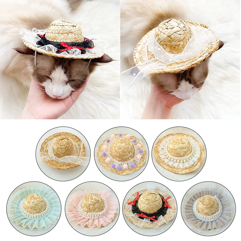 

Fashion Pet Woven Straw Hat for Cat Sun Hat Sombrero for Small Dogs and Cats Beach Party Straw Costume Accessories to Act Cute