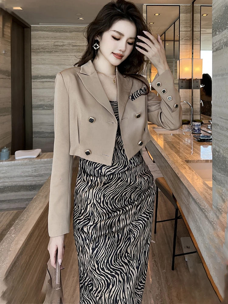 New Spring Autumn Elegant 2 Piece Outfits Women Temperament Formal Short Cropped Jacket Coat Sexy Tank Slim Midi Dress Set Suits