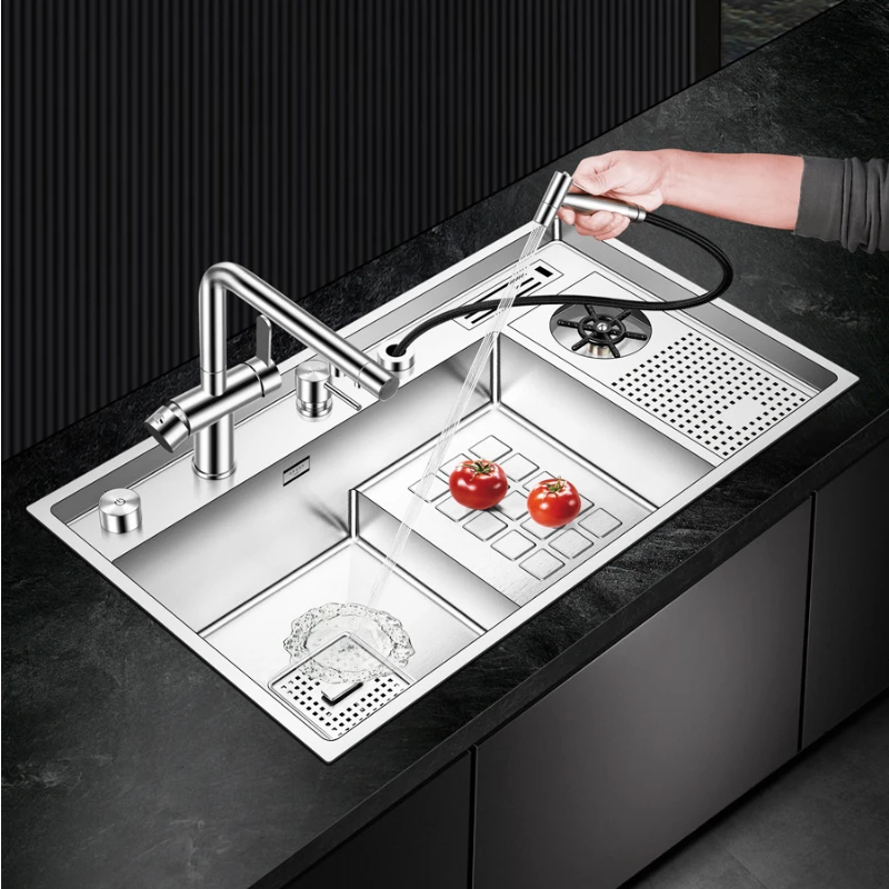 

84X48CM Stepped Large Single Slot Stainless Steel Sink Handmade Kitchen Sink Multifunctional Table Board Sink With Cup Washer