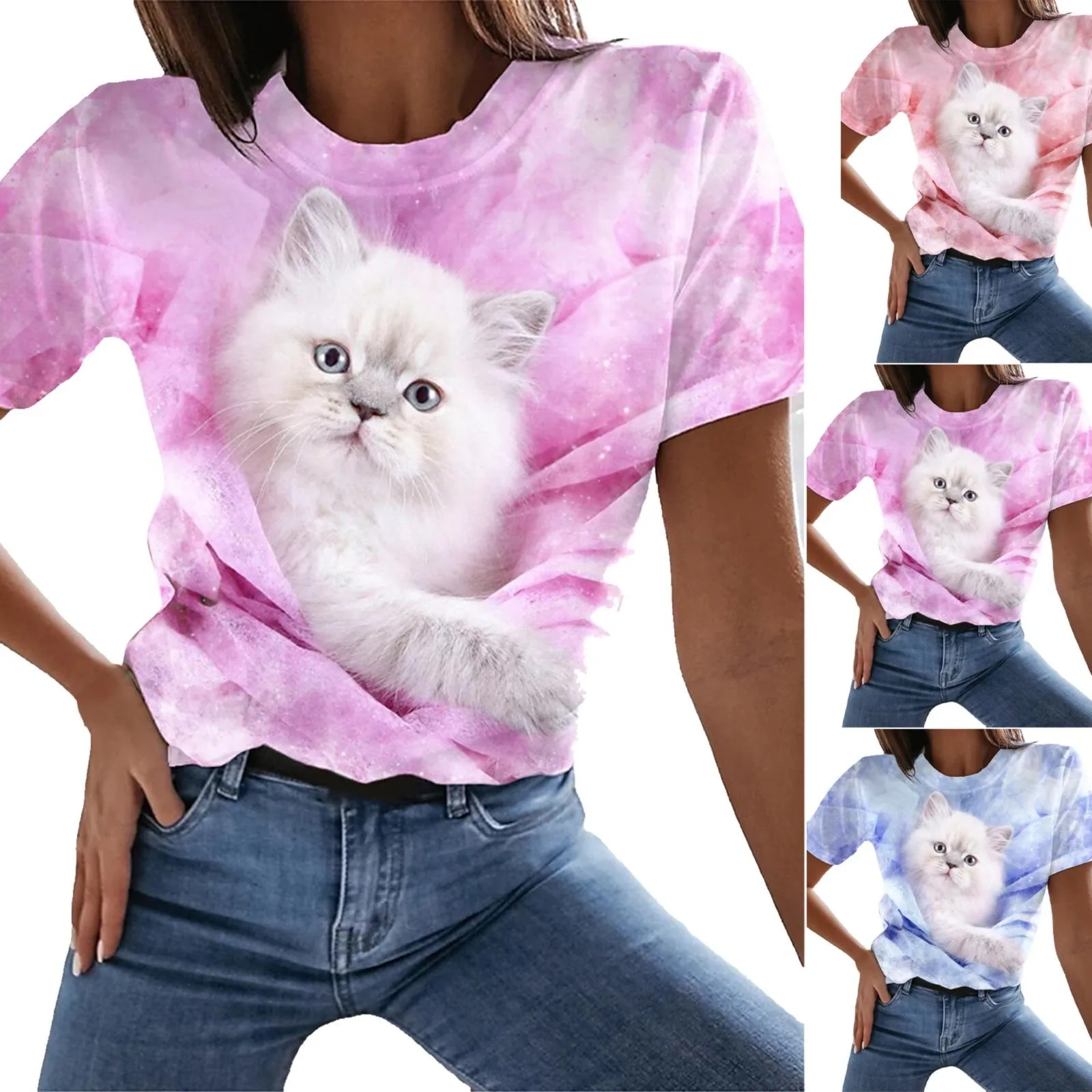 

Cat Digital Printed Short Sleeve Crewneck T Shirt Women Summer Spandex Cotton Shirt Women