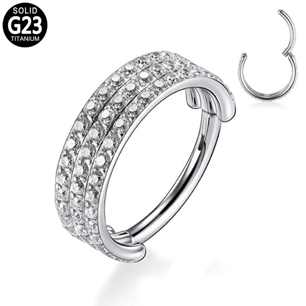

G23 Titanium Hinged Segment Nose Ring Hoop Triples Stacked CZ Nipple Clicker Daith Ear Cartilage Helix Lip Piercing Jewelry