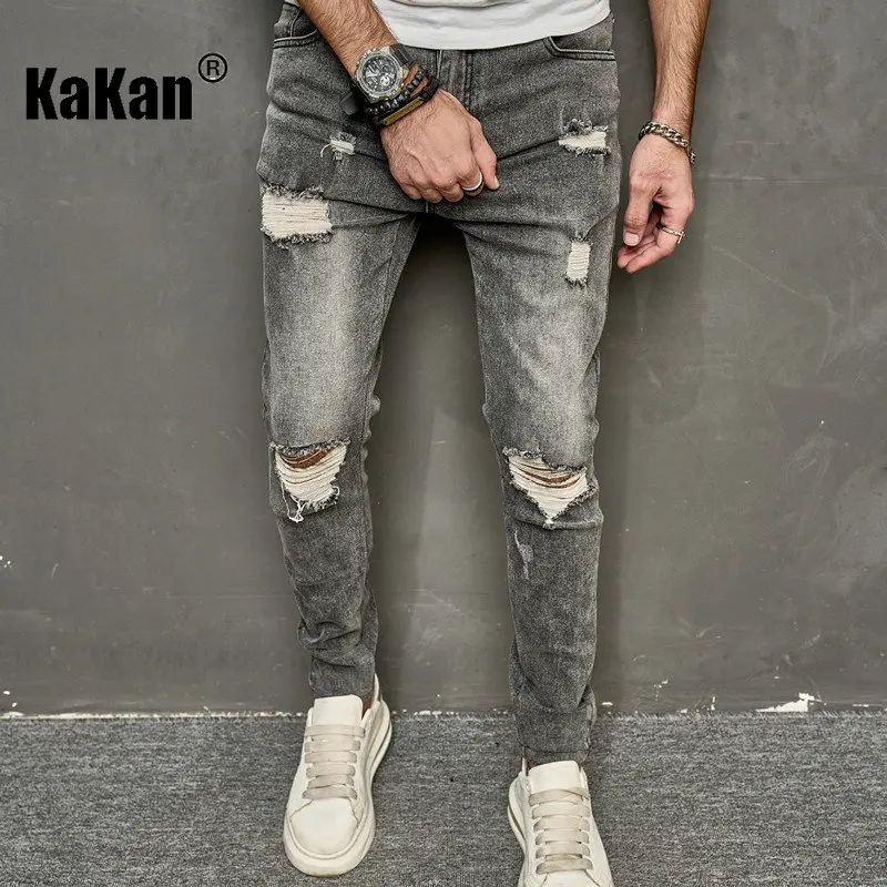 Kakan-knee Frayed Elastic Casual Slim Fit Men's Jeans, European and American New Youth Fashion Jeans K09-1019