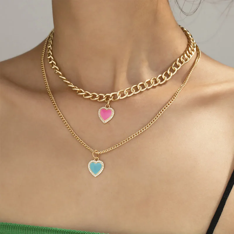 

Korean Cute Heart Pendant Necklace For Girls Women Fashion Multi-layer Necklaces Sweater Neck Chain Aesthetic Jewelry