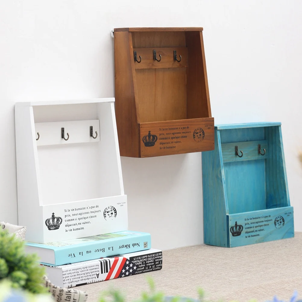 

Wooden Key Mail Holder Wall Mounted Mail, Equipped With 3 Key Hooks And A Storage Box, Sorter Organizer Box