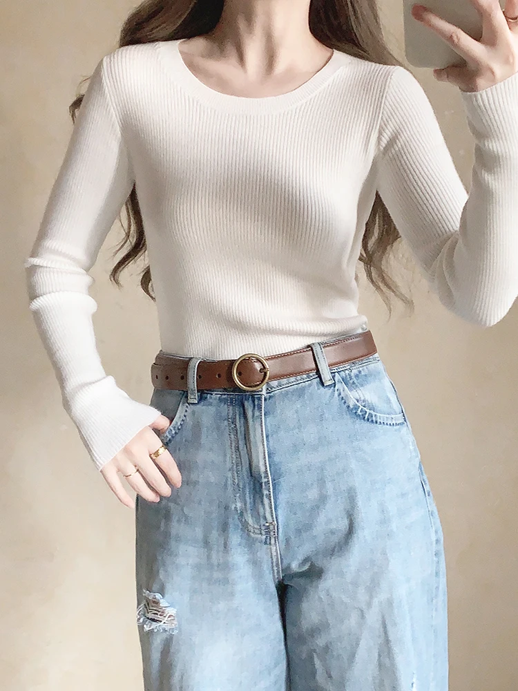 

Autumn Winter Knitted Pullovers Women Long Sleeve Bottom Shirt Slim Fit Basic Bottoming Tops Female Sweater Stretch Jumpers