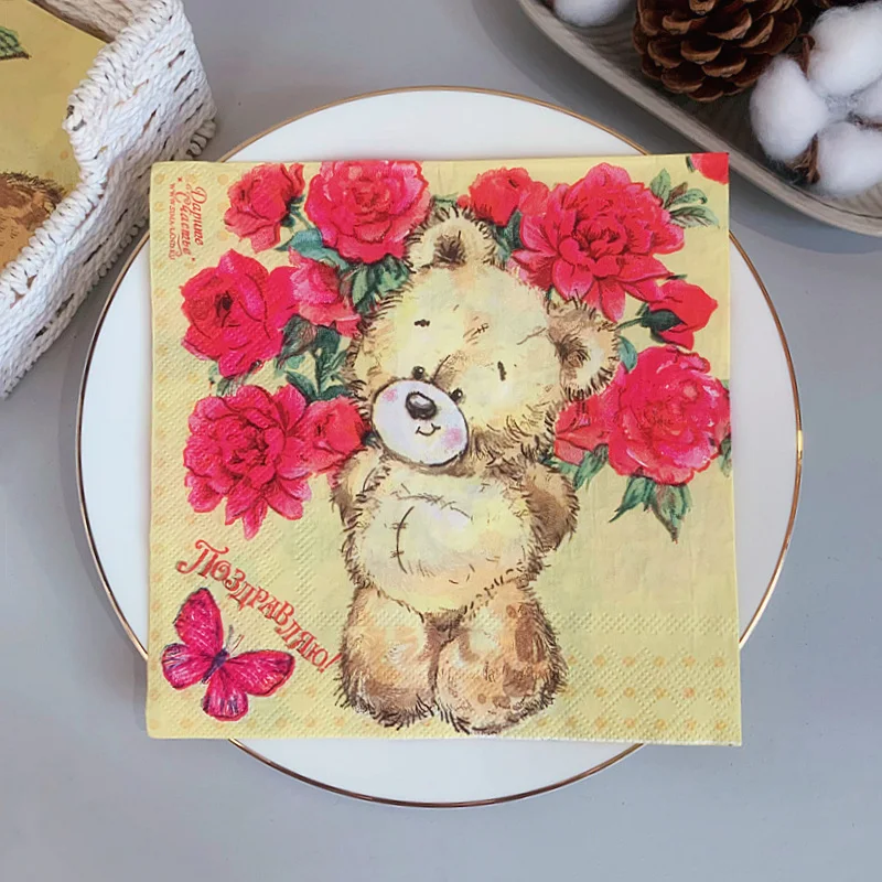 

20Pcs/Pack Bears Butterfly Flower Table Decoupage Paper Napkins Cute Animal Napkin Paper Tissue for Kids Birthday Party Decor