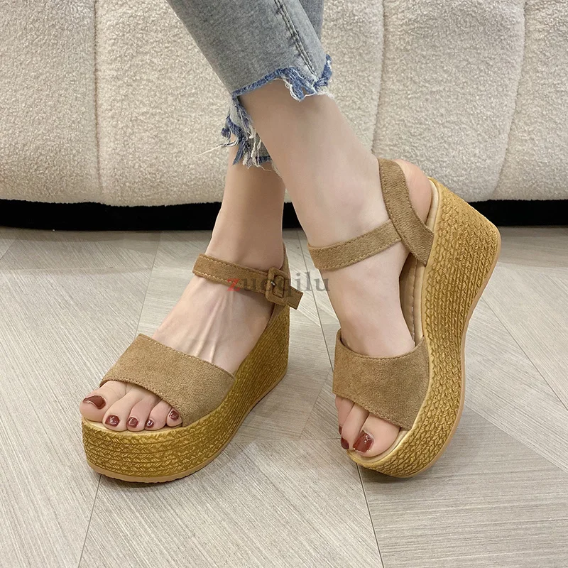 

2022 New Women Wedge Sandals Peep Toe Buckle Shoes Woman Platform Canvas Wedges Fashion Summer Super High Heel Shoes For Women