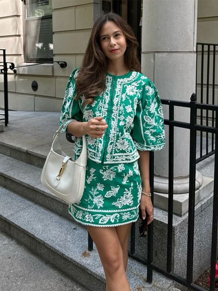 Элегантные женские комплекты с принтом и юбками повседневные топы круглым