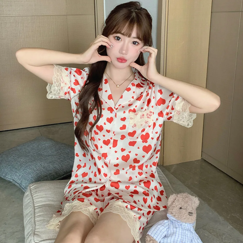 

Jxgarb для отдыха женская кружевная отделка ледяной шелк с короткими рукавами женская одежда для сна из двух предметов домашняя одежда для сна