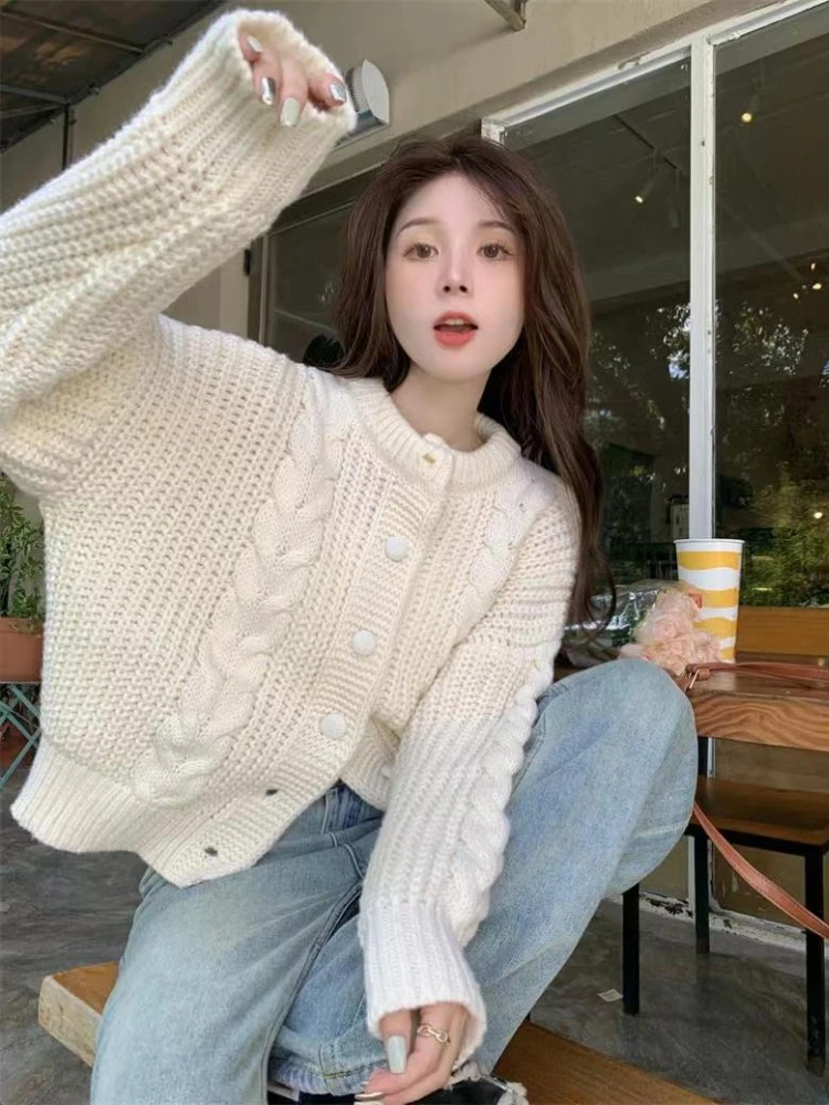 

HOUZHOU Korean Fashion Streetwear Short Knitted Cardigan Vintage Casual Long Sleeve Slim Sweater Elegant Ladies Autumn 2023 New