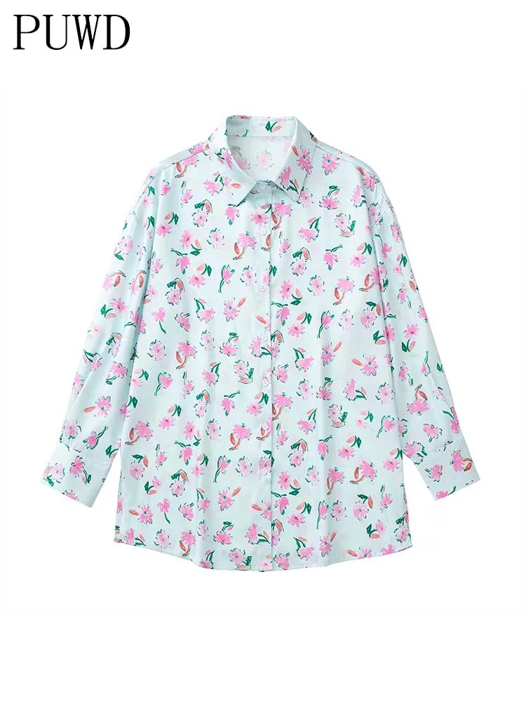 

PUWD Casual Women Flower Printed Silk Satin Shirt 2022 Spring Fashion Street Village Retro Style Loose Female Chic Blouse