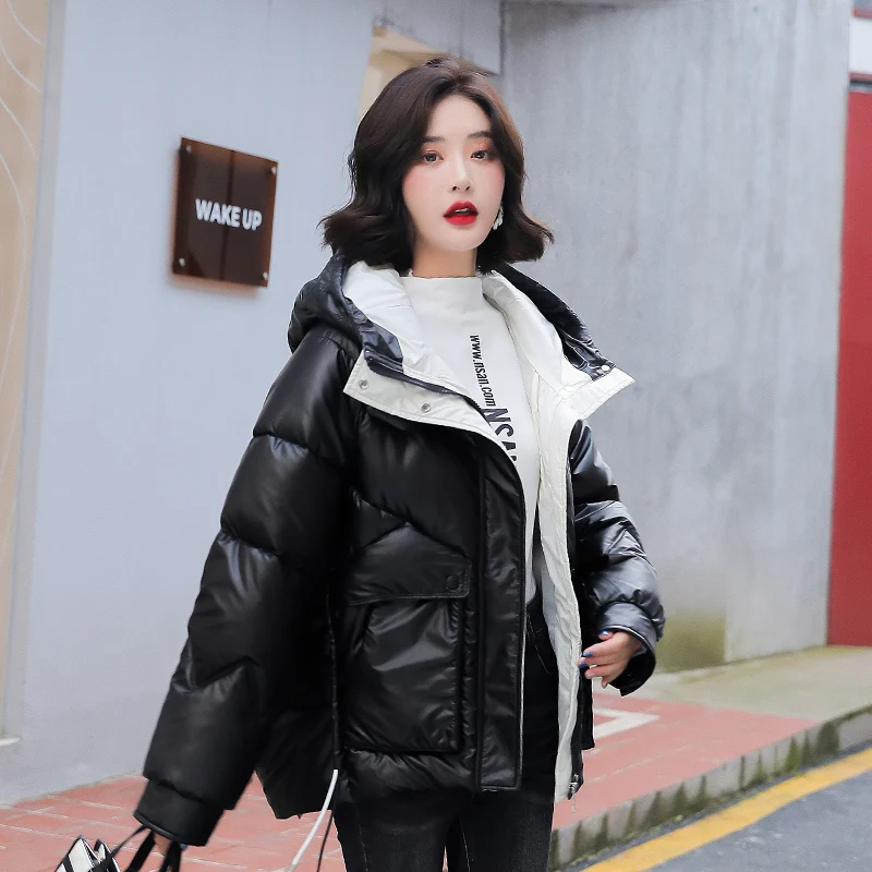 Women 2021 New Casual Drawstring Big Pocket Parkas Coats Short Glossy Hooded Parka Solid Color Winter Loose Jackets for Female