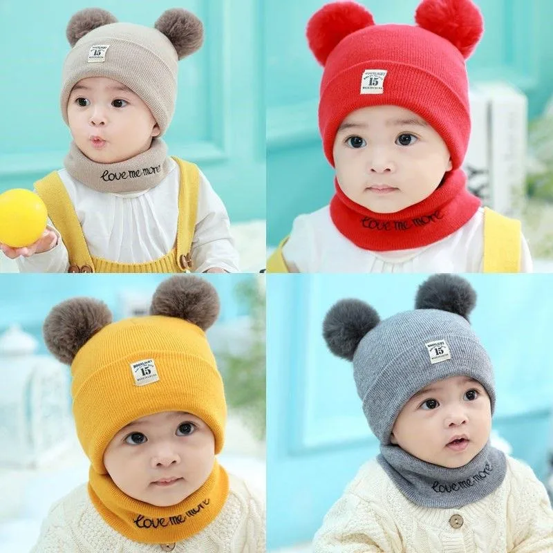 

Wool Pompom Baby Knitted Hats Baby Scarf Warm Autumn Winter Kids Knitted Beanie Caps Bonnet For Boys Girls Cap 0-12Months