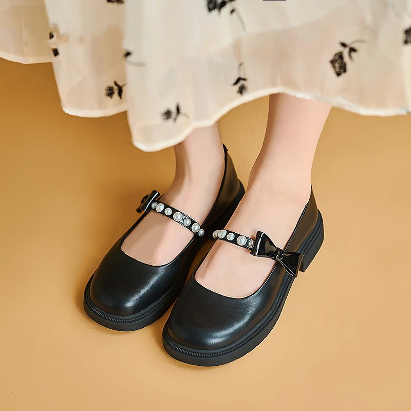 

Туфли женские на низком каблуке, Туфли Мэри Джейн, лоферы, жемчуг, бант, студенческий стиль, Лолита, однотонная обувь на плоской подошве