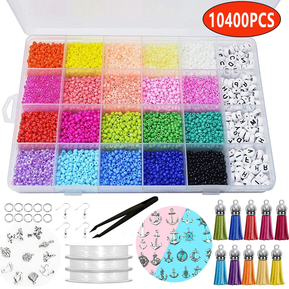 

10400Pcs Glass Seed Beads Box Set With Tool Alphabet 24 Color Bead For Jewelry Making Bracelet Rings DIY Accessories Jewelry Kit