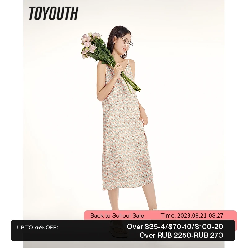 

Toyouth Women Suspended Dress 2023 Summer Sleeveless V Neck Loose Full Floral Print Beach Vacation Sweet Mid-length Skirt