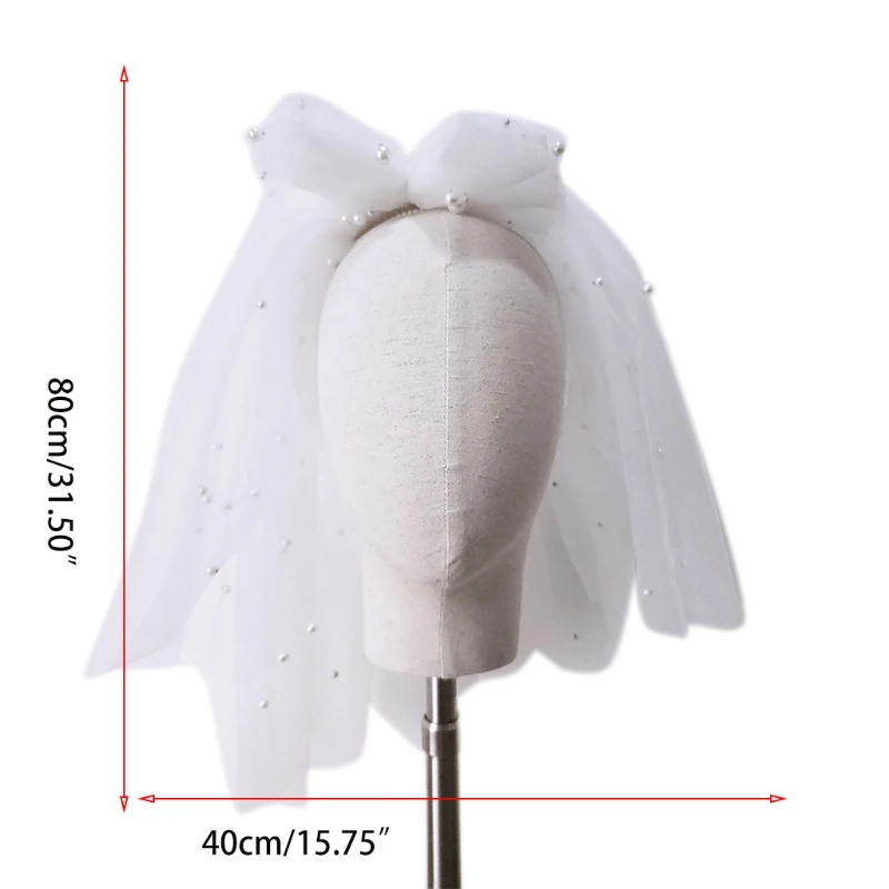 Фата свадебная двухслойная с расческой Тюлевая бантом и жемчужинами украшение