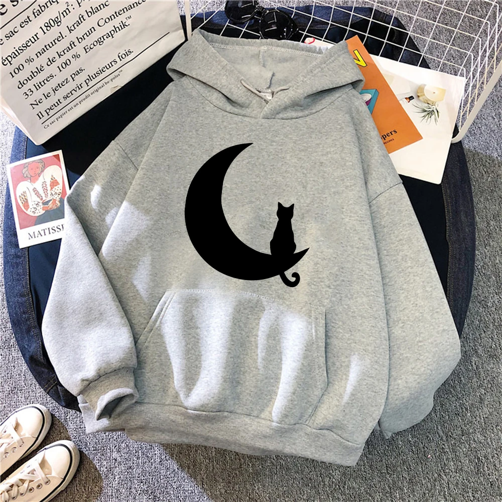 Cat Moon Printing Men Hoodies Fleece Warm Comfortable Pocket Sweatshirt Autumn Breathable Soft Pullover Man Women Streetwear