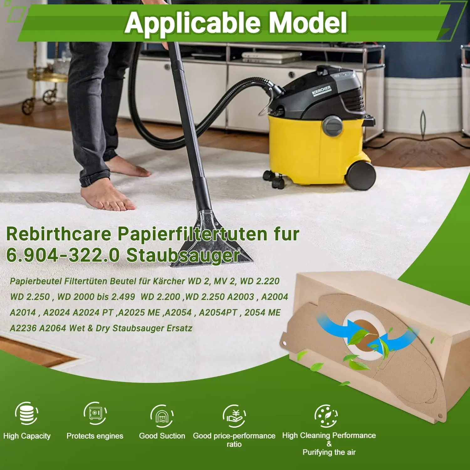 Фото Мешки для пылесоса для Kärcher WD2 MV2 WD 2.200 WD2250 A2004 A2054 A2099 6.904-322.0, бумажные мешки для пылесоса для Karcher WD №2