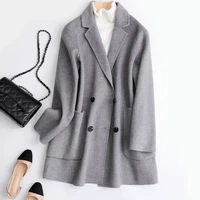 2022 spring women midi length coat turn down collar drouble button design 100 wool women gray black woolen coat casaco feminino