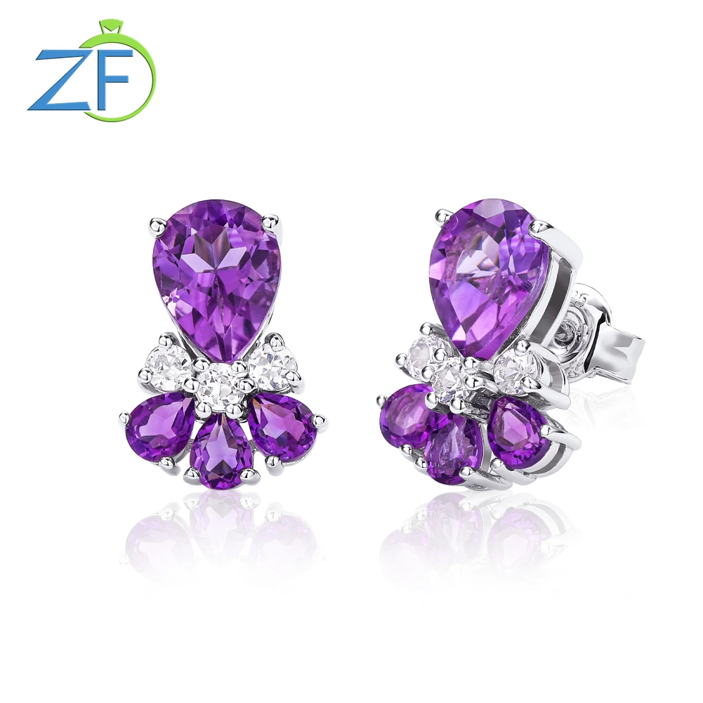 

GZ ZONGFA Genuine 925 Sterling Silve Studs Earrings for Women Natural Amethyst Crystal Gem 2.9Carats Fashion Charm Fine Jewelry