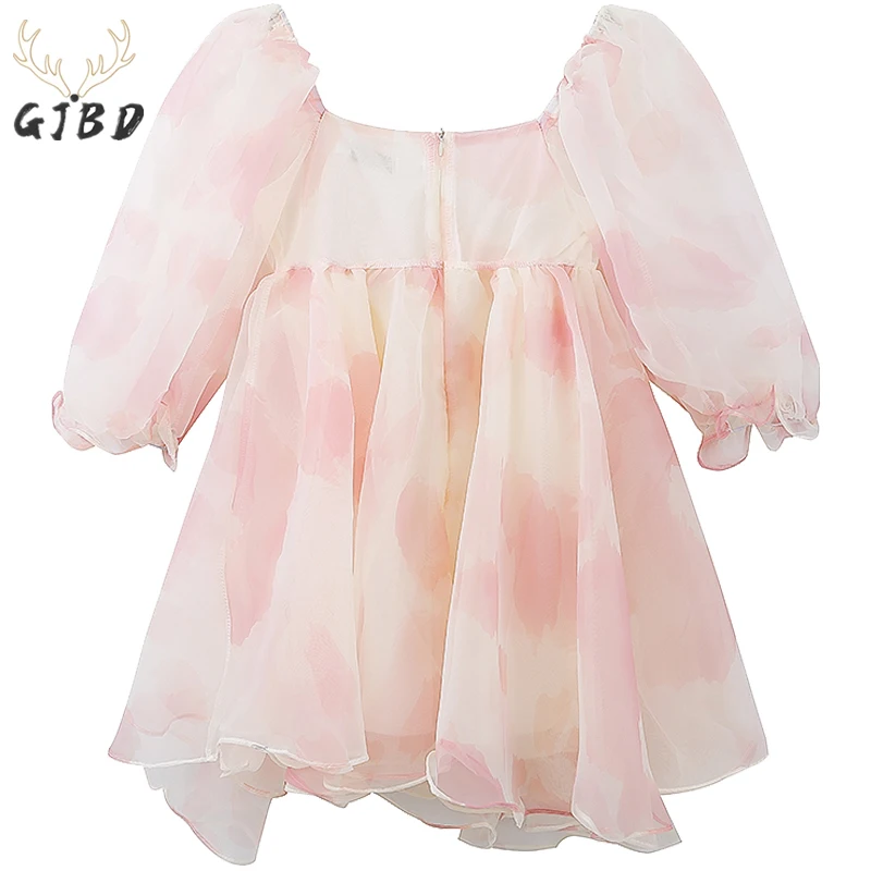 

Women's Clothing Pink Mesh Dress French Square Neck Puff Short Sleeve Casual Fashion High Waist Baggy Short Skirt Ladies Summer