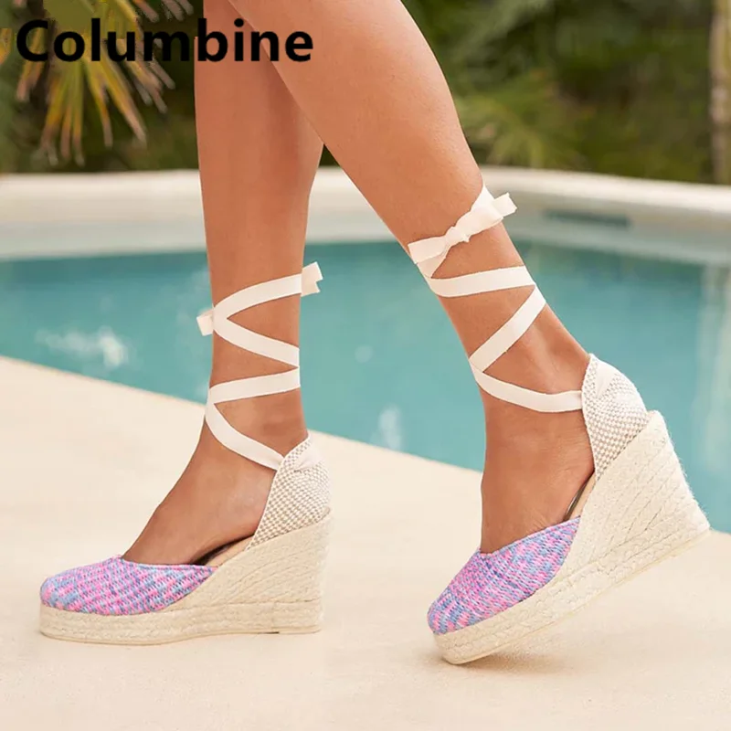 

Light Purple Cover Heel Patchwork Wedge High Espadarille Platform Strap Crossover Riband Shallow Sandal Casual Roman Shoe