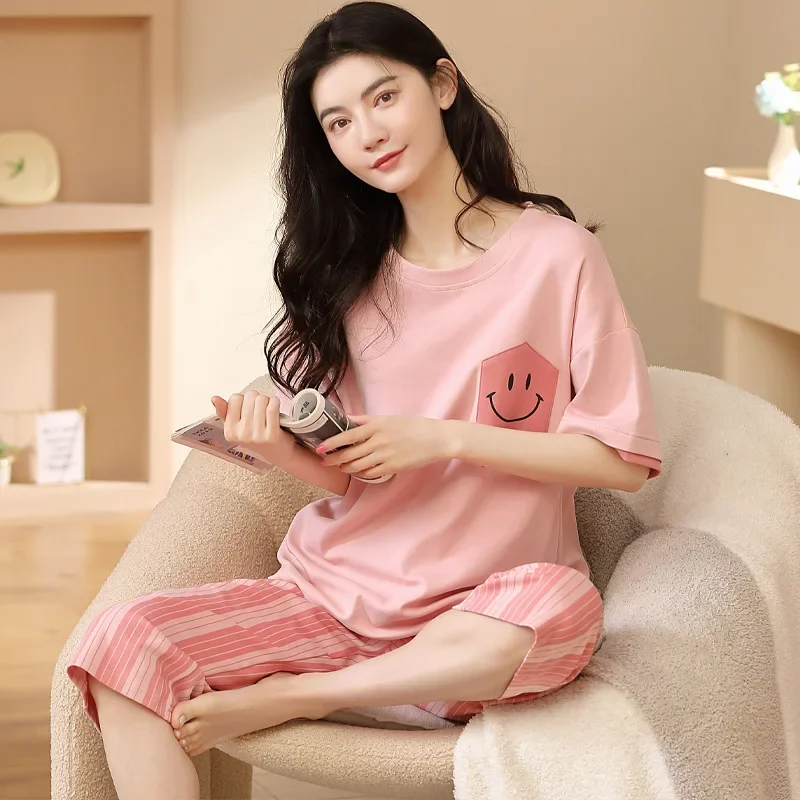 Милая женская летняя хлопковая одежда для сна комплект из 2 предметов милые брюки