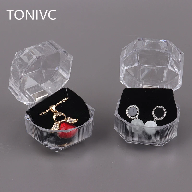 

TONVIC Plastic Octagonal Transparent Stud Earrings Box Display Ring Box Jewelry Packaging Holder Organizer Case