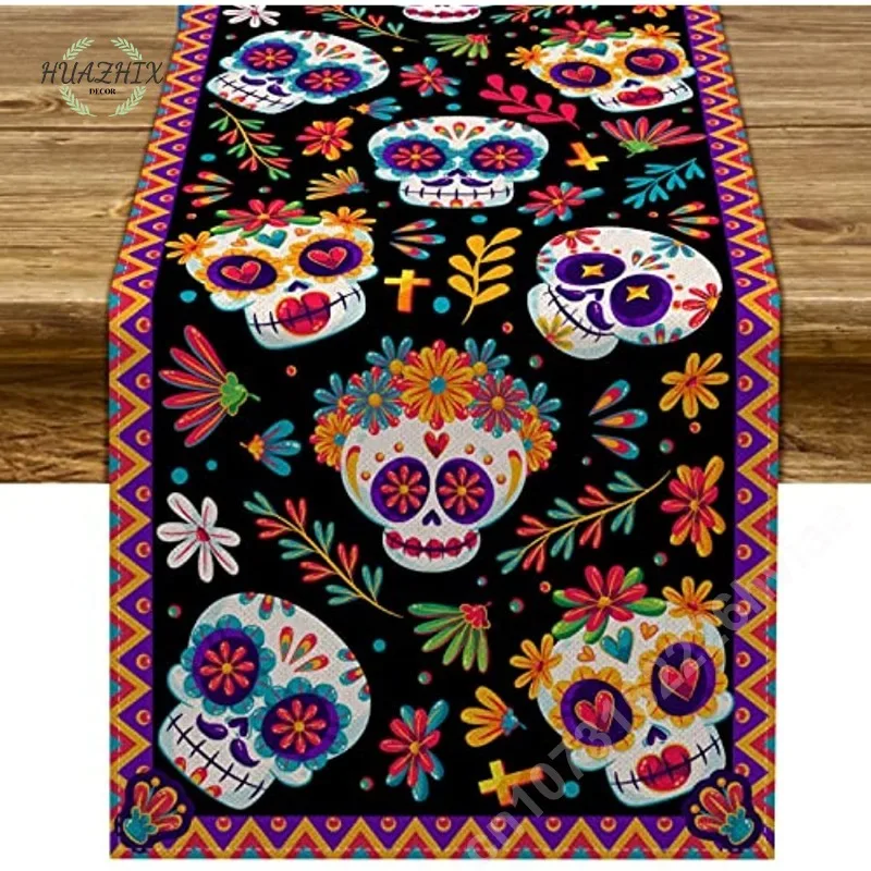 

Mexican Day of The Dead Table Runners Home Kitchen Dinning Tables Decor Sugar Skull Tableflag for Dining Party Retro Decoration