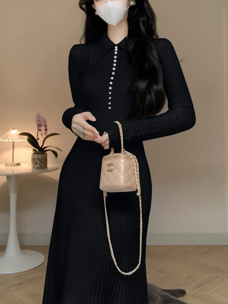 Платье-Свитер женское трикотажное ТРАПЕЦИЕВИДНОЕ с отворотом и длинным рукавом