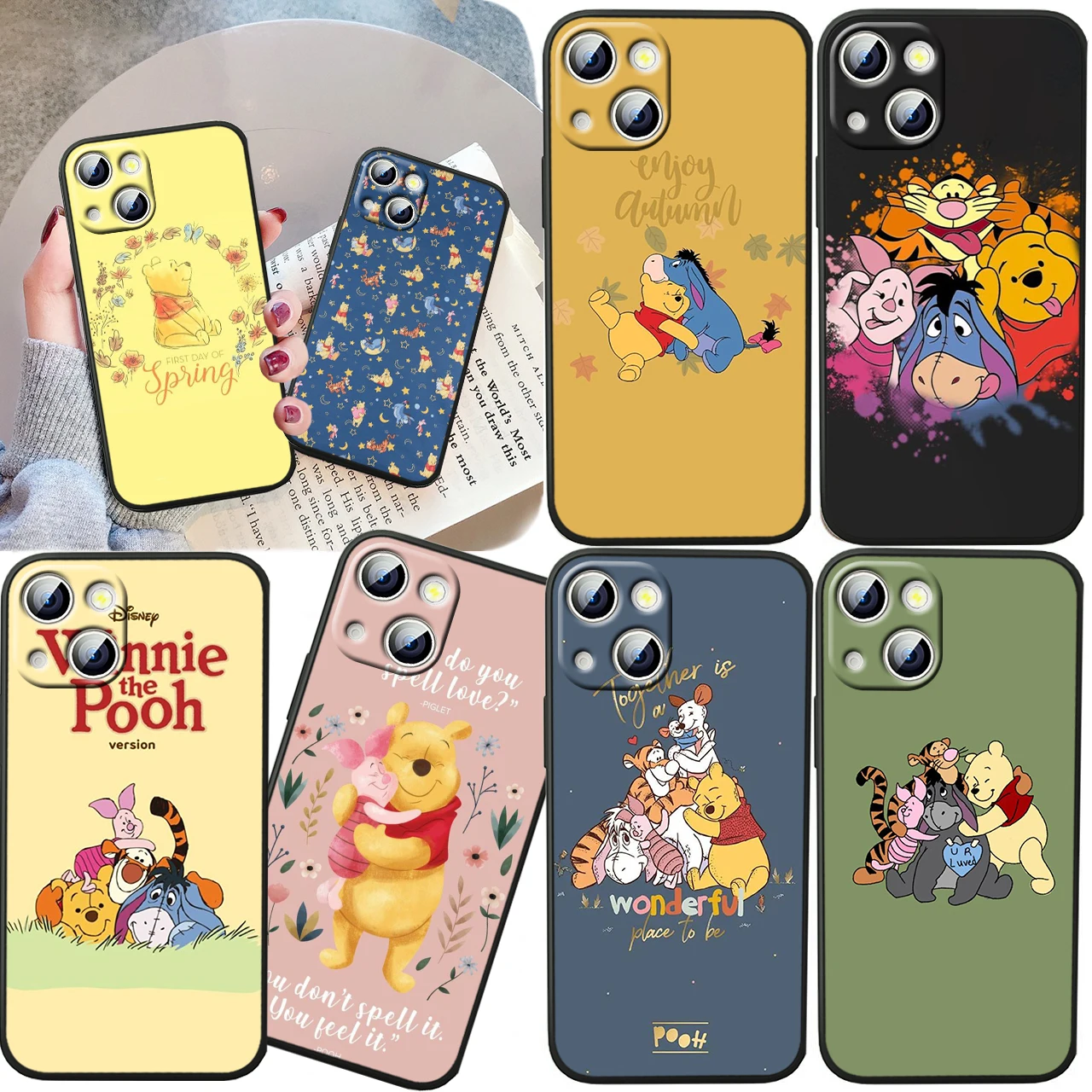 

Cute Disney Winnie Bear For iPhone 14 13 12 11 Pro Max XS Max X XR 7 8 Plus 6S 5S Silicone Black Shell Phone Case