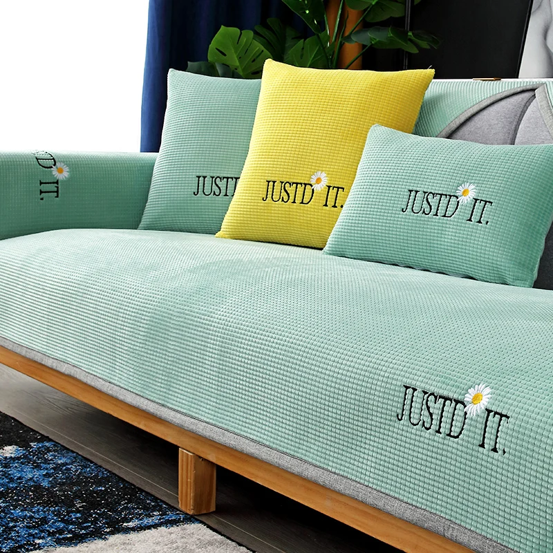 

Solid Color Just do it/Sweet Sofa Cover Corn Four Seasons Plush Small Plaid Anti-slip Cushion Stretch Backrest Towel Pillowcase