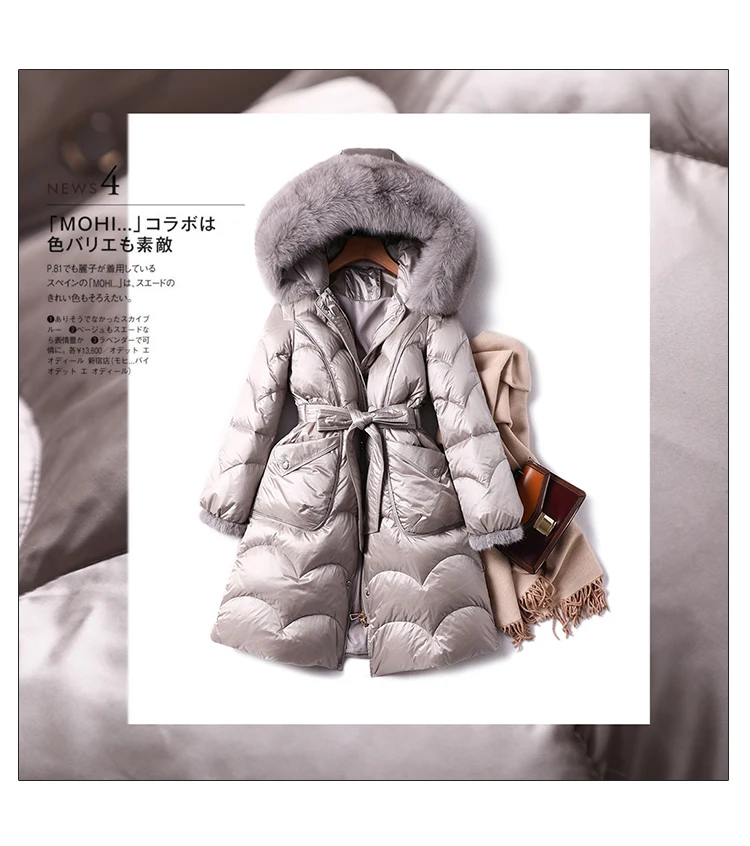 High Fashion Design Down Jacket Women New Fox Fur Thin 90% White Duck Down Long Coat Women Autumn/Winter Hooded High Street
