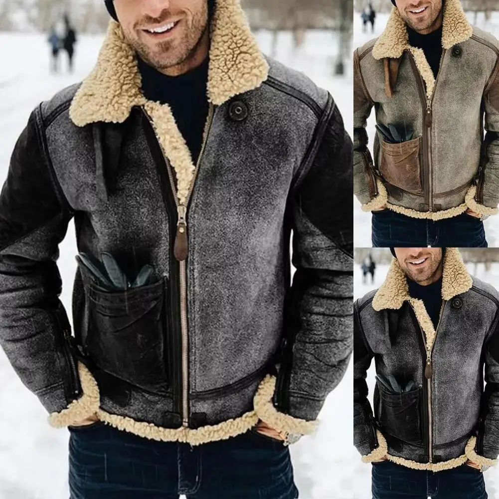 

Retro Winter Warm Woolen Coats for Men Fashion Turn-down Collar Zip-up Jackets Casual Long Sleeve Winter Male Jacket for Outdoor