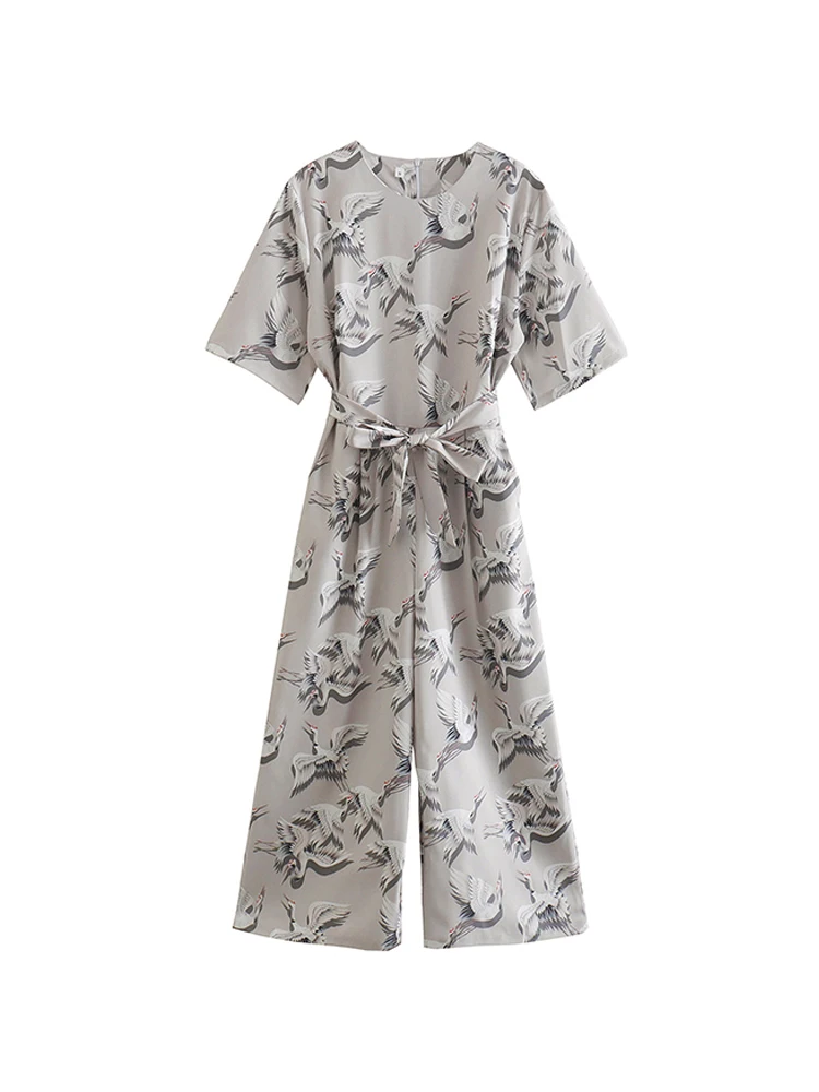 

Summer Vintage Print Jumpsuit With Belt Womens Short Sleeve Slim Long Jumpsuits 2022