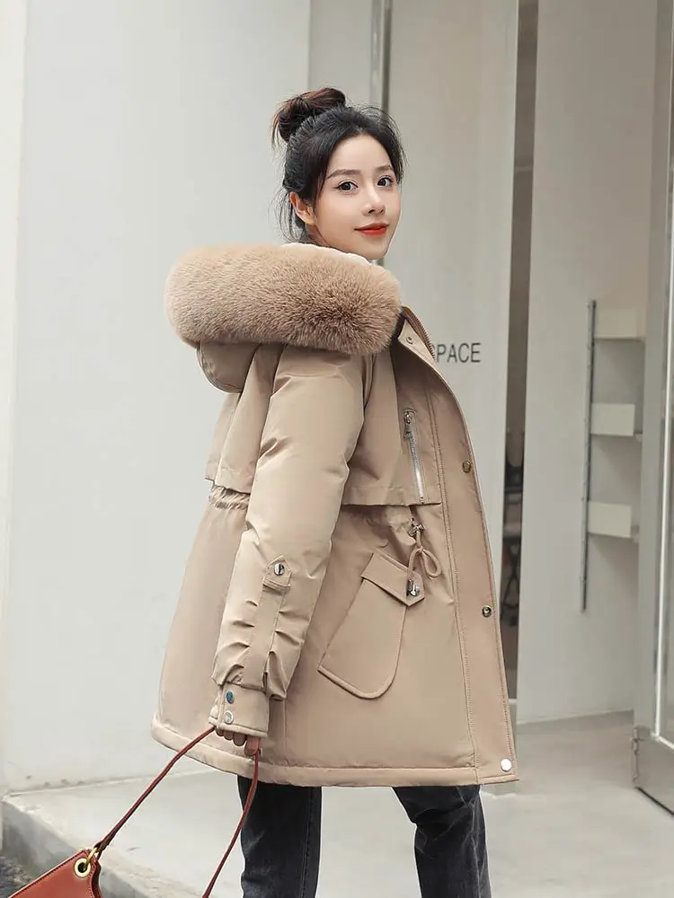GRELLER 2022 New Women's Winter Jacket Fur Hooded Short Thick Warm Cotton Padded Jackets Parkas Woman Candy Color Winter Coat