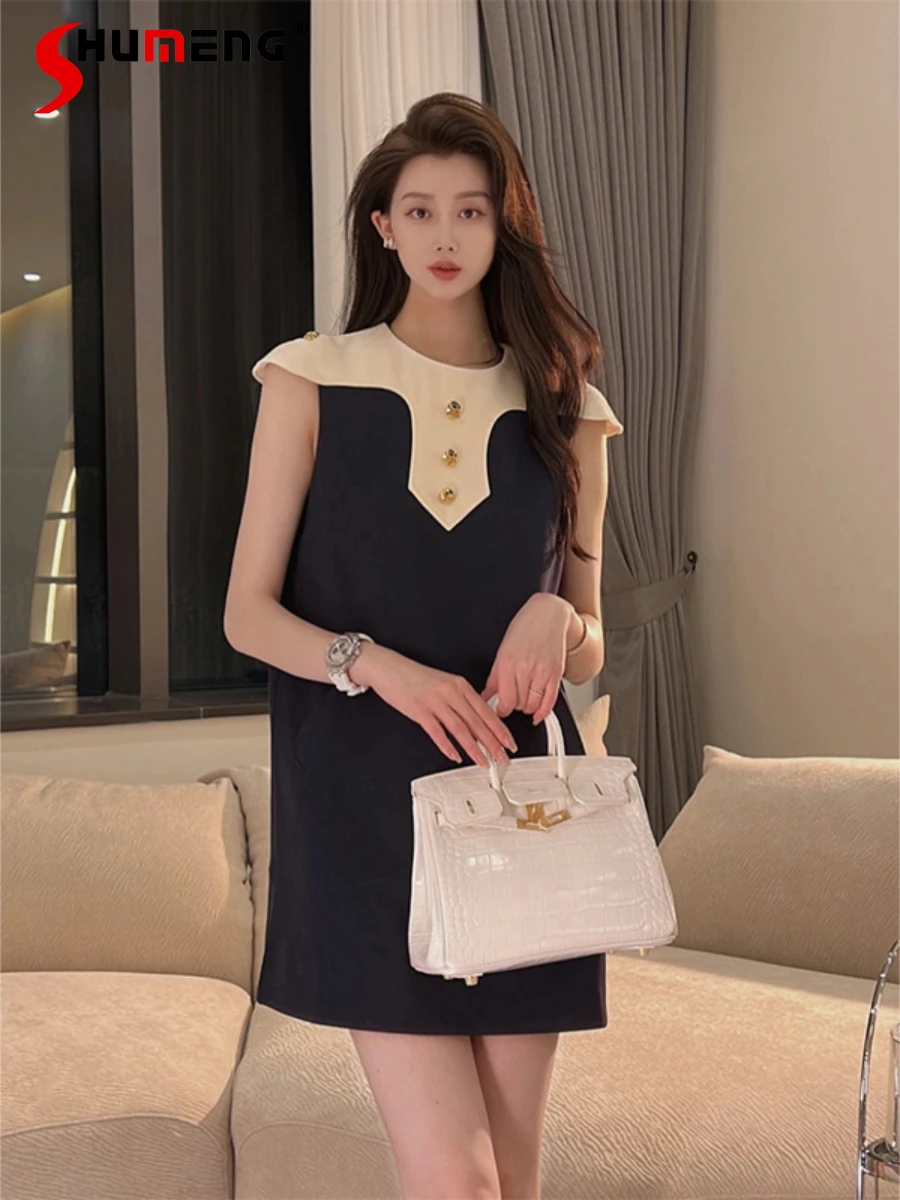 

Women's 2022 Summer New French Style Fashion Retro Pullover Dress Ladies Elegant Slimming Office Lady O-neck Above Knee Dress