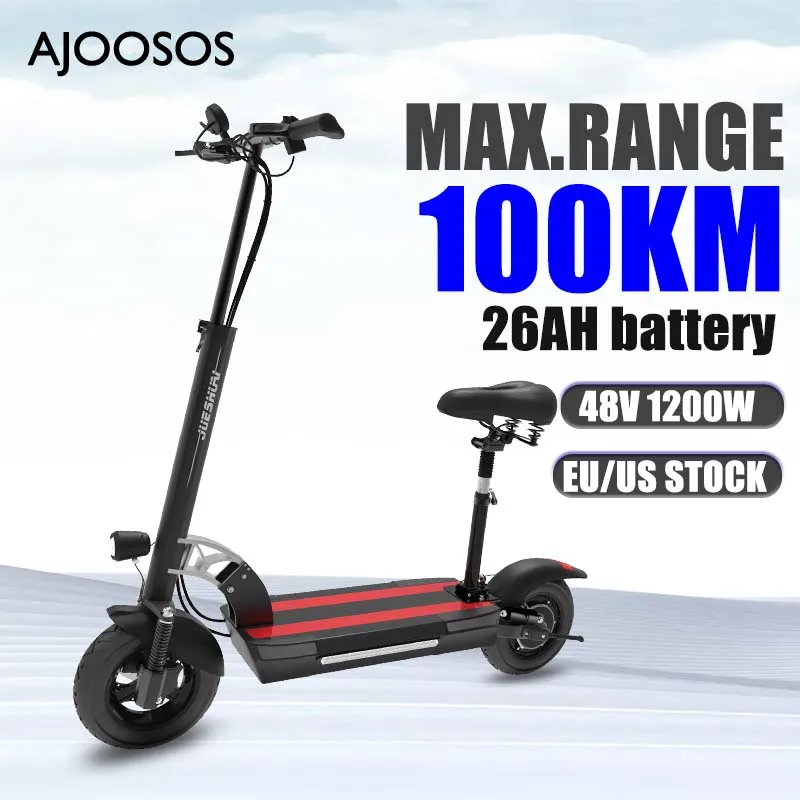 

Электрический скутер для взрослых AJOOSOS X48, 100 км, большой радиус действия, Электрический скутер 1200 Вт, 48 В, двигатель 60 км/ч, высокая скорость, 10 ''шины, сиденье с дистанционным управлением