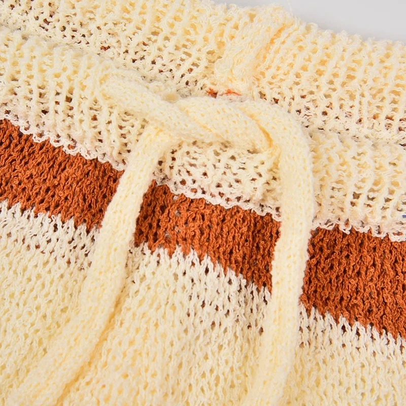 Women Summer Knitted Two Piece Sets Tracksuit Sexy V Neck Sleeveless Tops and Shorts Striped Print Suits New Homewear Beachwear